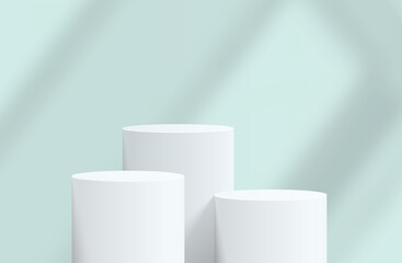 Abstract white realistic 3d cylinder pedestal podium with blue backdrop and shadow overlay. Abstract vector rendering geometric platform. Product display presentation. Minimal scene.