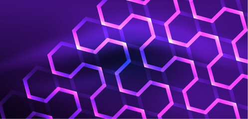 Hexagon abstract background. Techno glowing neon hexagon shapes vector illustration for wallpaper, banner, background, landing page, wall art, invitation, prints, posters