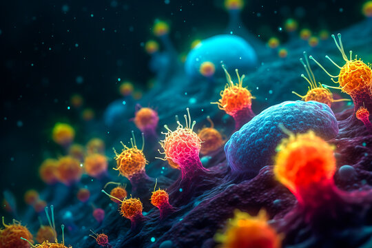 Intriguing abstract astrobiology: Microscopic life forms glowing on a dark background in vibrant colors, suggesting extraterrestrial life possibilities. Generative AI