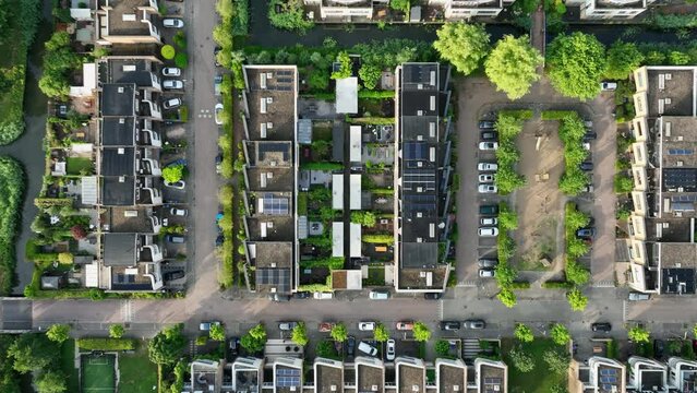 Residential housing area in lush green environment, Weesp, Netherlands. Aerial