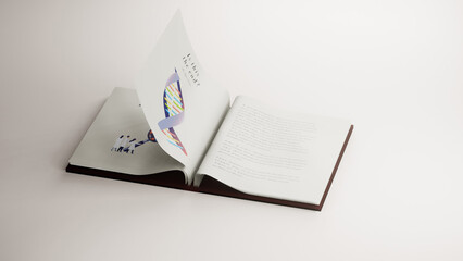3D illustration of a DNA Guidebook opening to reveal text and illustrations about the structure of DNA