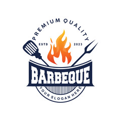 Barbeque Logo, Hot Grill Design With Fire And Spatula, Vector BBQ Grill Vintage Tripography, Retro Rustic Logo For Cafe, Restaurant, Bar