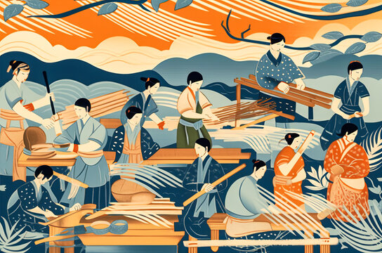 Captivating Ukiyo-e style depiction of a group celebrating Labor Day; exudes grace and connection with nature. Generative AI