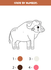 Color cartoon buffalo by numbers. Worksheet for kids.