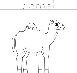 Trace the letters and color cartoon camel. Handwriting practice for kids.