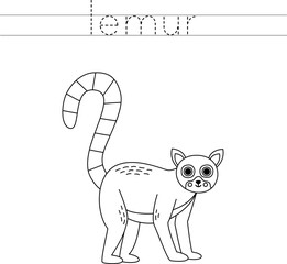 Trace the letters and color cartoon lemur. Handwriting practice for kids.