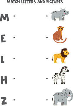 Match letters and pictures. Logical puzzle for kids. African animals.