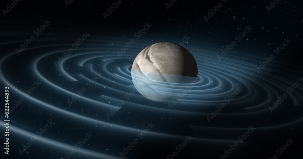 Poster abstract blue space planet with a round asteroid belt ring futuristic hi-tech on the background of s