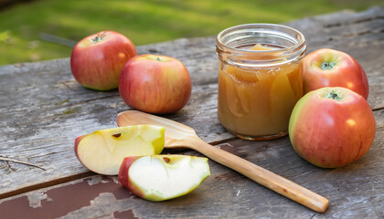 Preparing apple puree or sauce in a small glass jar with sliced apple pieces and a wooden spoon on an old wooden table outdoors