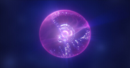 Abstract purple energy sphere with flying glowing bright particles, science futuristic atom with electrons hi-tech background