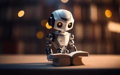 Cute android robot reads the book in the library created with Generative AI technology