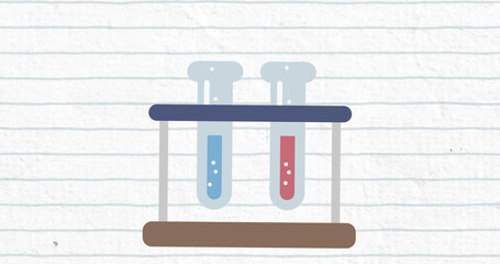 Image of test tube in a stand icon moving against white lined paper background