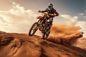 Fototapeta na wymiar Man Riding Dirt Bike in Desert - Dramatic Cinematic Action Shot