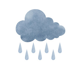 Watercolor illustration of a gray cloud with raindrops isolated on a white background. Drawn by hand. Element for design and decoration. Texture of watercolor on paper.