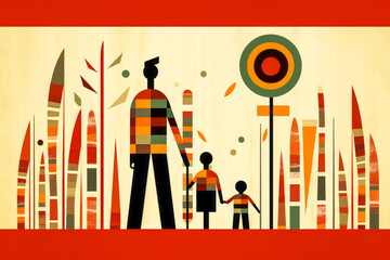 Charming minimalistic portrayal of paternal affection featuring a father and son during Father's Day in bold, simple traditional art style colors. Generative AI