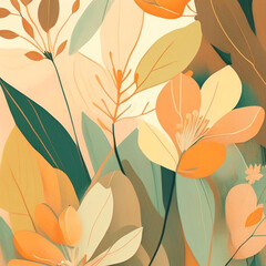 Brown, yellow, orange and pink shades flowers with stems and leaves. Watercolor art background.