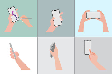 Hand holding cell phone and finger touch on blank white screen. A man is using a mobile smart phone, flat design concept. Vector illustration.