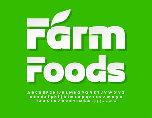 Vector creative emblem Farm Foods with decorative Leaf. White paper Font. Sticker Alphabet Letters, Numbers and Symbols set