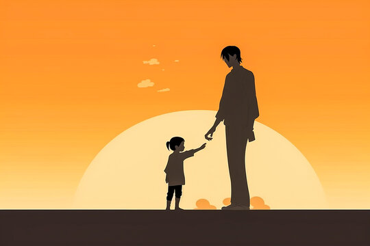 Charming Anime-style illustration, captures the pure bond between father and child using simple exaggerated features and bright, limited palette. Perfect for Father's Day. Generative AI