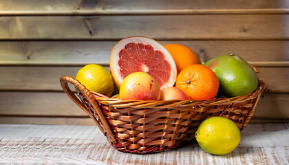 Colourful wicker basket of assorted tropical fruit with a lime, grapefruit, oranges and an apple in...
