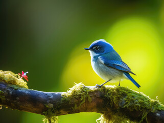 Ultramarine Flycatcher sitting on a branch against a green background