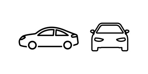 Set of various cars front and side view outline vector icon.