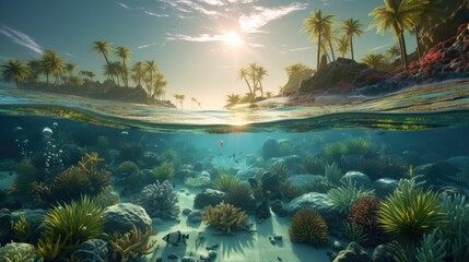 Fototapeta na wymiar Split View of a Tropical Island and Its Vibrant Coral Reef