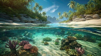 Naklejka premium Split View of a Tropical Island and Its Vibrant Coral Reef