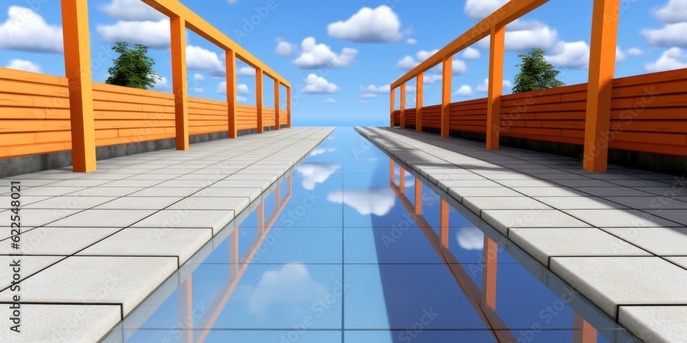Poster a walkway with a reflection of the sky in the water. generative ai image.