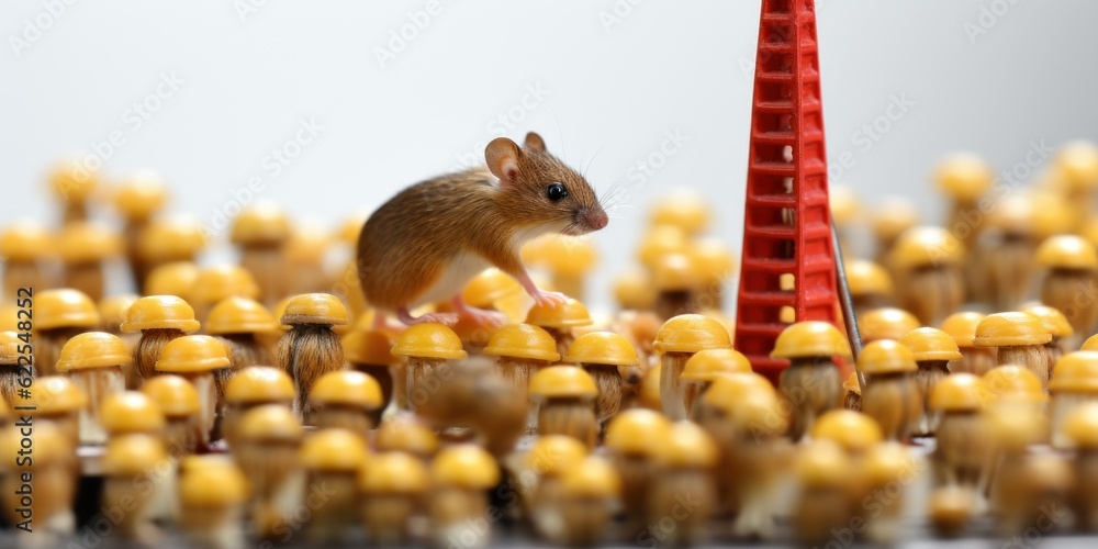 Poster a mouse sitting on top of a pile of cupcakes. generative ai image.