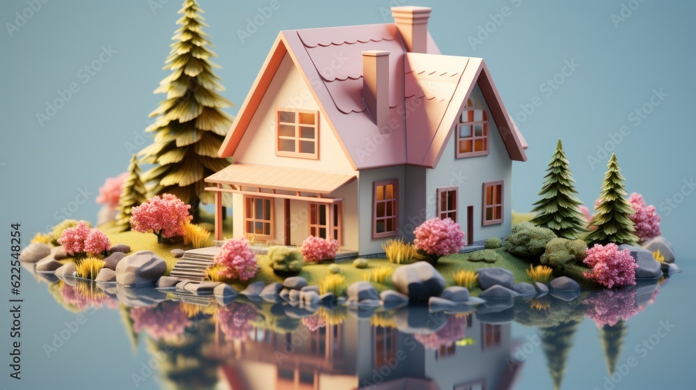 Poster a small house on a small island surrounded by trees. generative ai image.