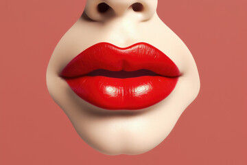 The close up of woman mouth shows the beautiful and sensual beauty of red lips. Makeup and lip gloss are sexy and glamorous in detail. Generative ai Pink background, copy space, isolate