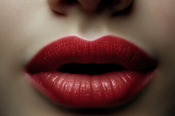 The close up of woman mouth shows the beautiful and sensual beauty of red lips. Makeup and lip gloss are sexy and glamorous in detail. Generative ai