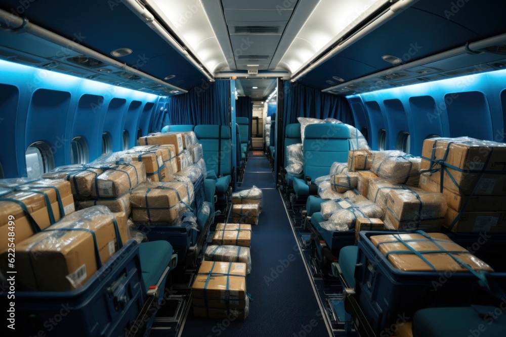 Poster there are many boxes on the inside of a plane. generative ai image.