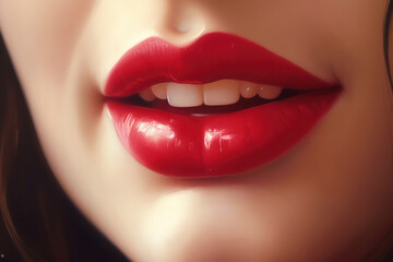 Close up view of beautiful girl lips with red glossy lipstick. Open mouth with white teeth. Cosmetology or fashion makeup concept. Beauty studio shot. Generative ai