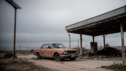 Post-apocalyptic abandoned gas station and rusty cars, desolate landscape. Generative AI