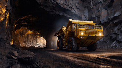 Large quarry dump truck in coal mine at night. Loading coal into body work truck. Mining equipment for the transportation of minerals.