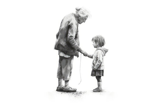 Charming sketch-style illustration of grandmother and grandchild in celebration of Grandmothers' Day. Conveys love, respect for elders, and heartwarming familial bonds. Generative AI