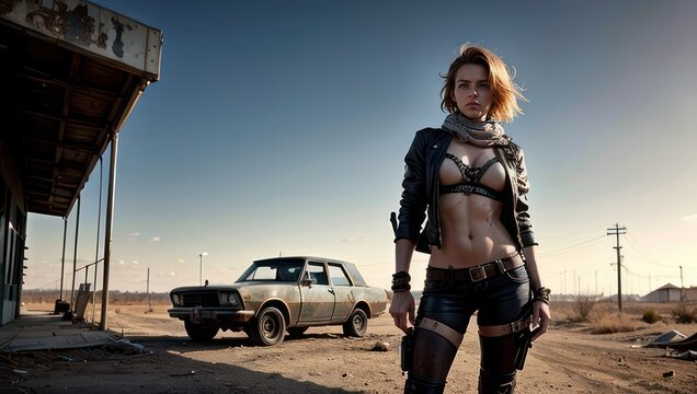 Post-apocalyptic young woman wastelander, stands next to rusted car at an abandoned gas station, desolate landscape. Generative AI