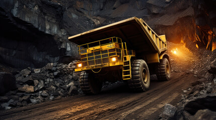Fototapeta na wymiar Large quarry dump truck in coal mine at night. Loading coal into body work truck. Mining equipment for the transportation of minerals.