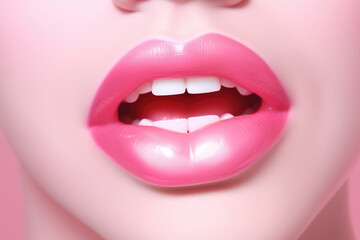 The close up of woman mouth shows the beautiful and sensual beauty of pink lips. Makeup and lip gloss are sexy and glamorous in detail. Generative ai