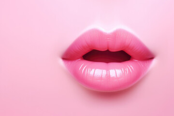 The close up of woman mouth shows the beautiful and sensual beauty of pink lips. Makeup and lip gloss are sexy and glamorous in detail. Generative ai Rose background, copy space - obrazy, fototapety, plakaty