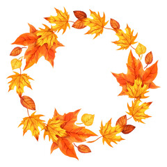 watercolor round frame with autumn leaves, wreath of orange maple leaves, hand drawn illustration of yellow and orange autumn leaves, sketch isolated on white background