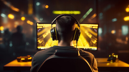 Rare view of pro gamer in headphones live streaming while playing online computer game, neon lights, esports concept