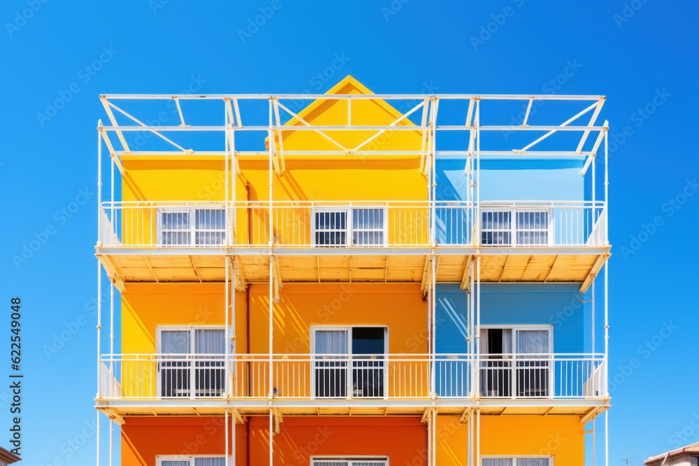 Poster a multi - story building with balconies and balconies. generative ai image.