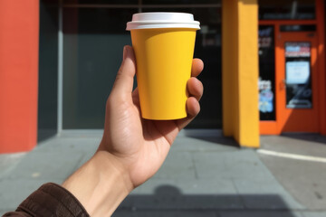 A caucasian man holds a yellow paper cup of coffee in his hand in a close-up photo outside on summer daytime street. Lifestyle of relaxing in the city with breakfast. Generative ai