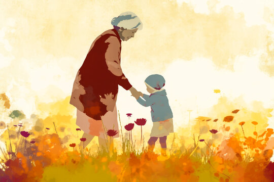 Impressionistic, intimate depiction of grandmother with grandchild, radiating warmth and the respect for older generations. Ideal for Grandmothers Day promotions. Generative AI