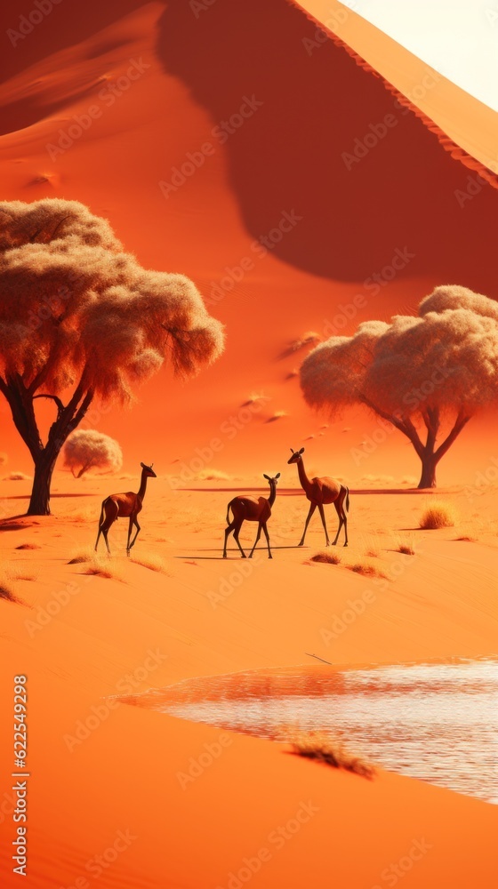 Poster a group of giraffes walking across a desert. generative ai image.