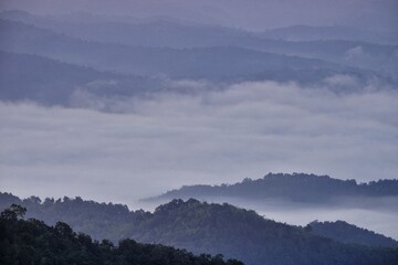 mountains in the fog