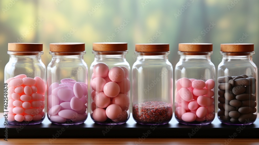 Poster a row of glass jars filled with candy. generative ai image.